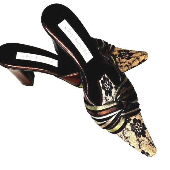 Olivia Rose Tal Marseilles Lace Leather Multi Stripe Twist Mule Heels Pointed To - Picture 7 of 11